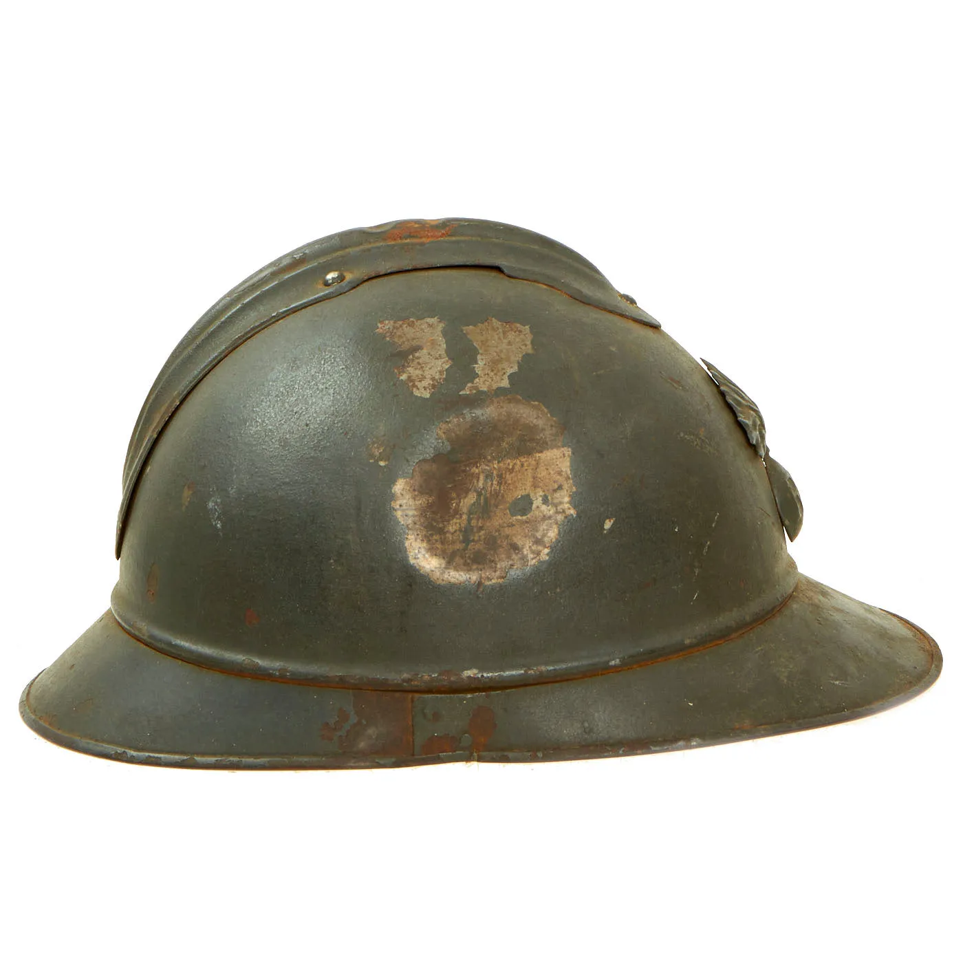 Original French WWI Issue Model 1915 Adrian Helmet in Horizon Blue with RF Badge