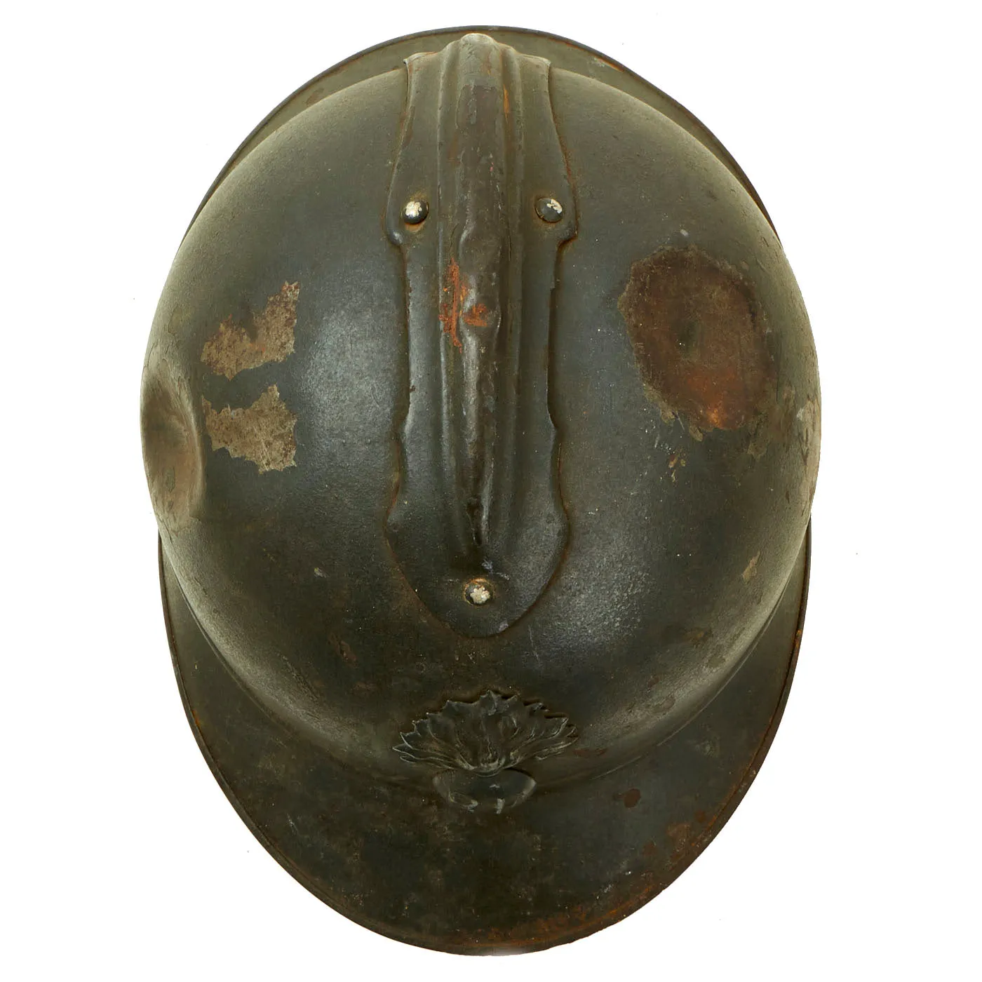 Original French WWI Issue Model 1915 Adrian Helmet in Horizon Blue with RF Badge