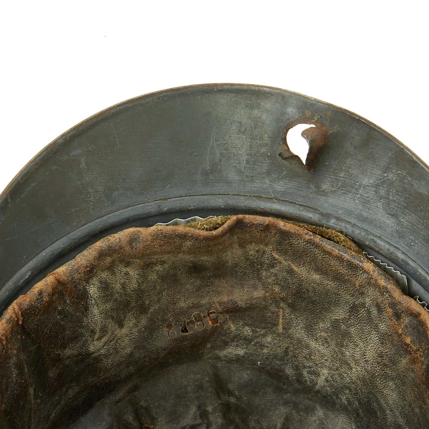 Original French WWI Model 1915 Adrian Helmet in Horizon Blue with Bullet or Shrapnel Hole