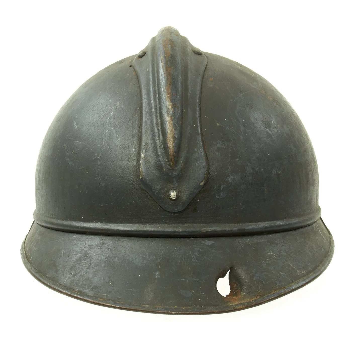 Original French WWI Model 1915 Adrian Helmet in Horizon Blue with Bullet or Shrapnel Hole