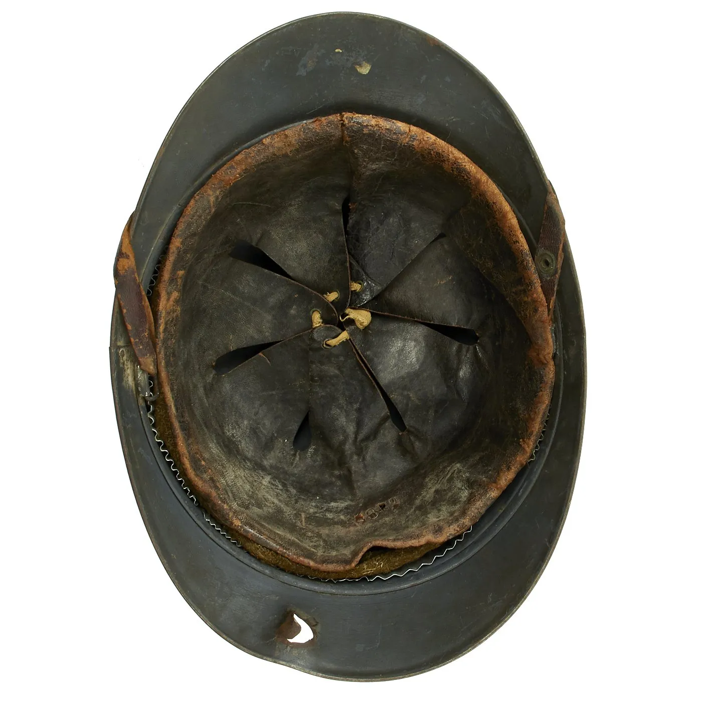 Original French WWI Model 1915 Adrian Helmet in Horizon Blue with Bullet or Shrapnel Hole