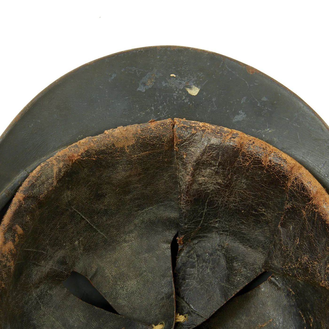 Original French WWI Model 1915 Adrian Helmet in Horizon Blue with Bullet or Shrapnel Hole