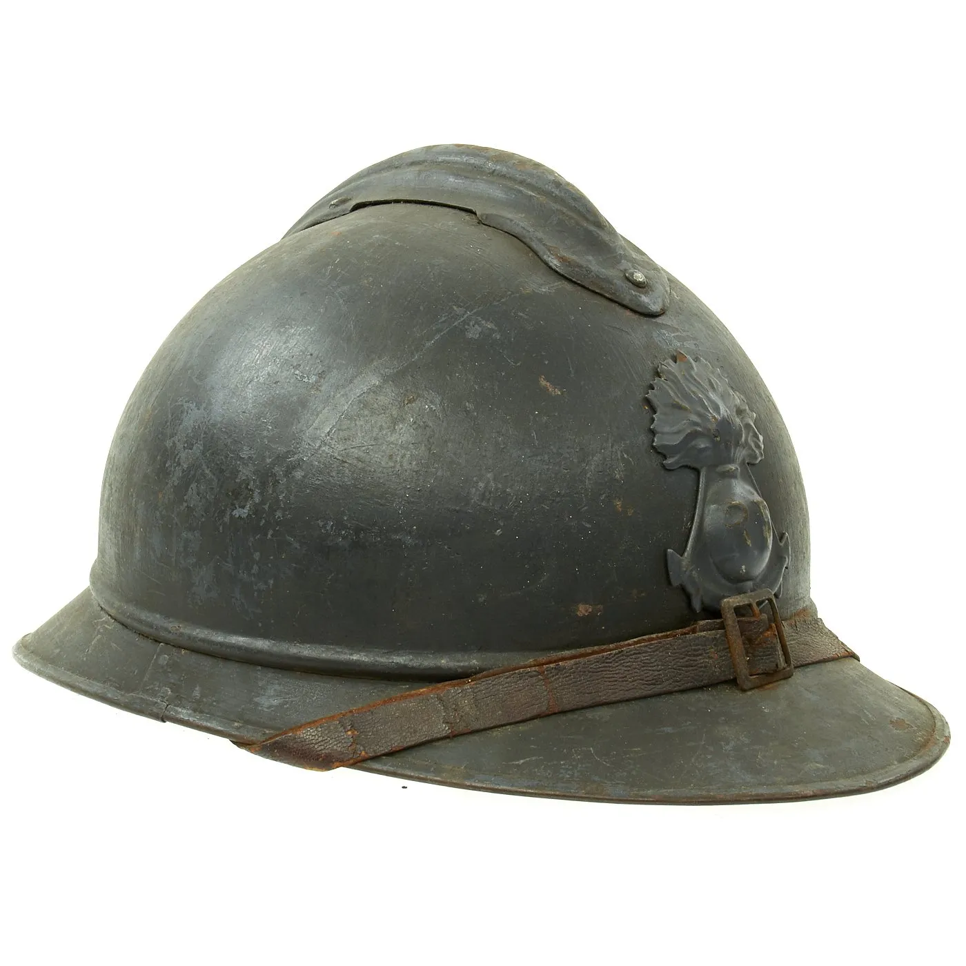 Original French WWI Model 1915 Adrian Helmet in Horizon Blue with Bullet or Shrapnel Hole