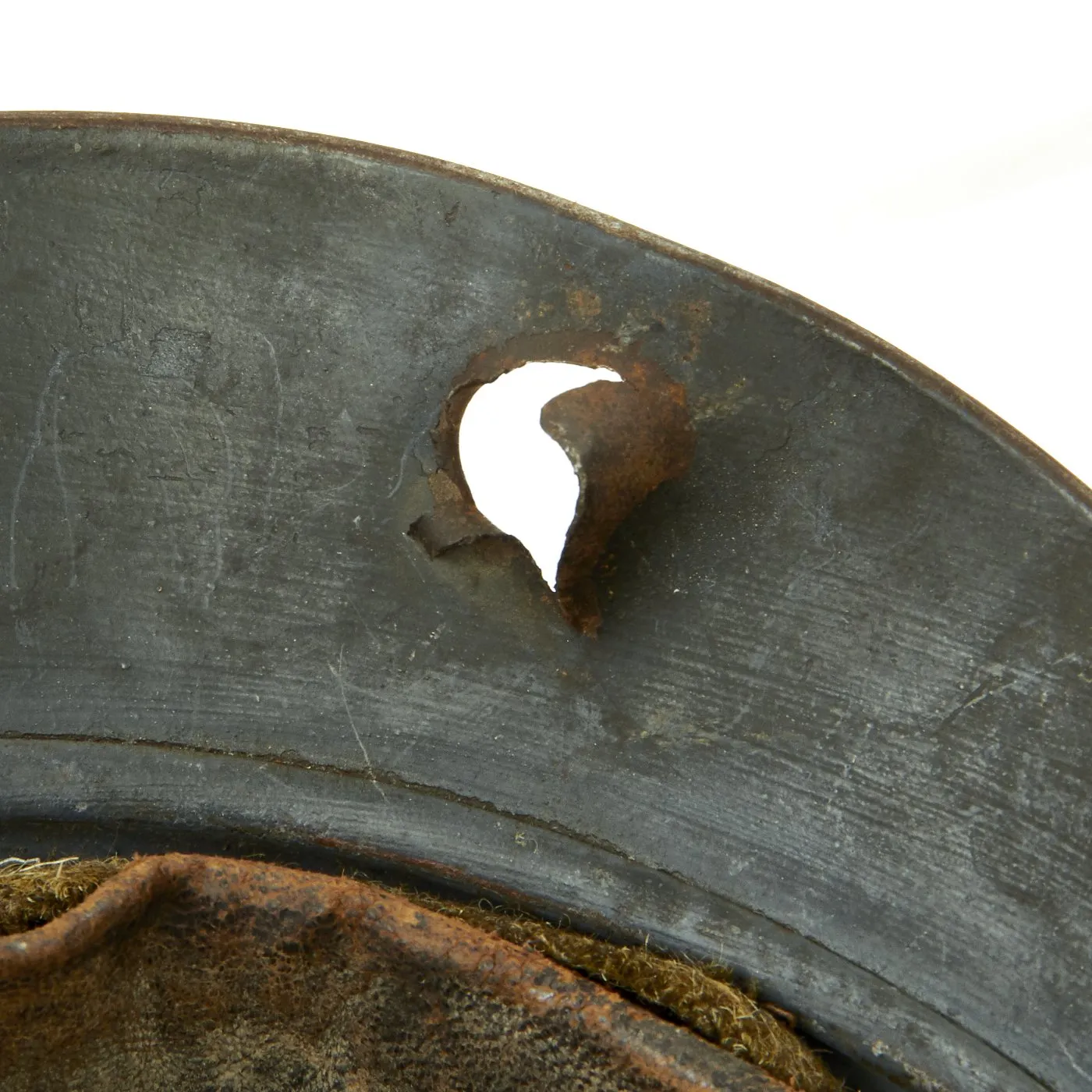 Original French WWI Model 1915 Adrian Helmet in Horizon Blue with Bullet or Shrapnel Hole