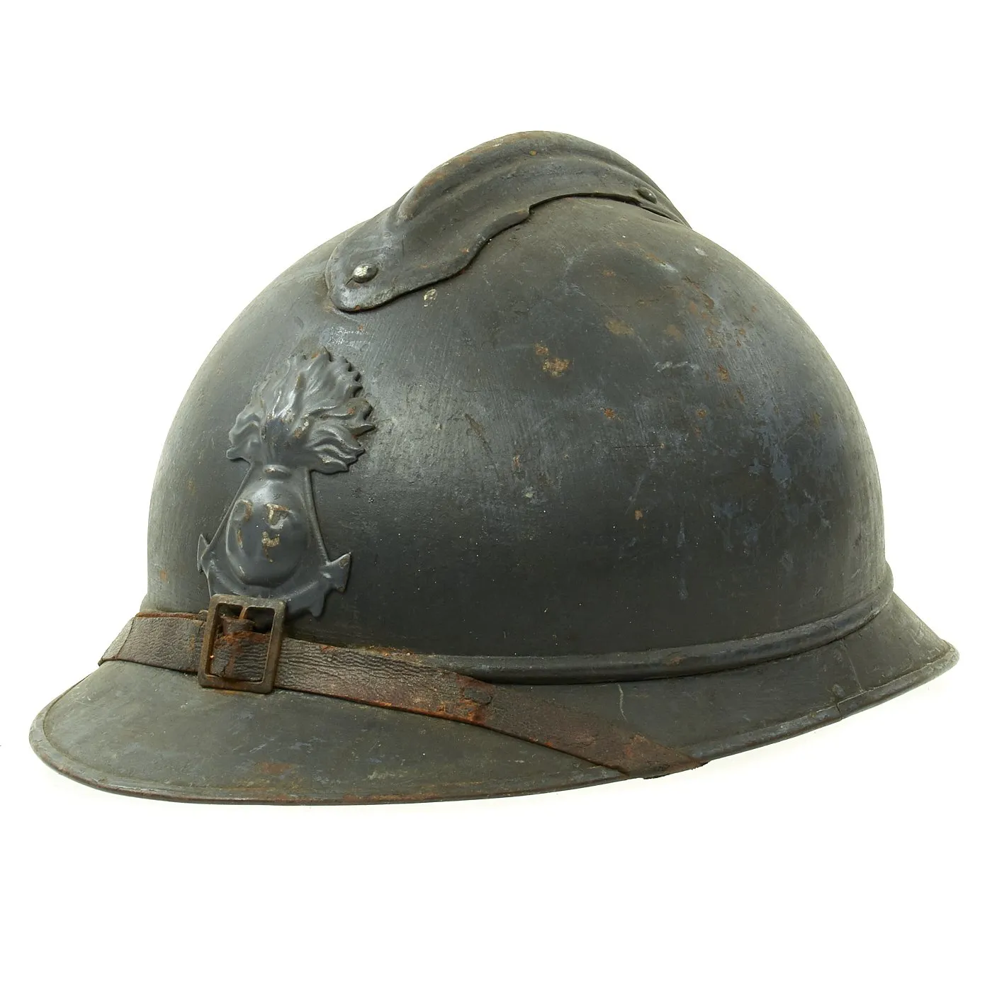 Original French WWI Model 1915 Adrian Helmet in Horizon Blue with Bullet or Shrapnel Hole