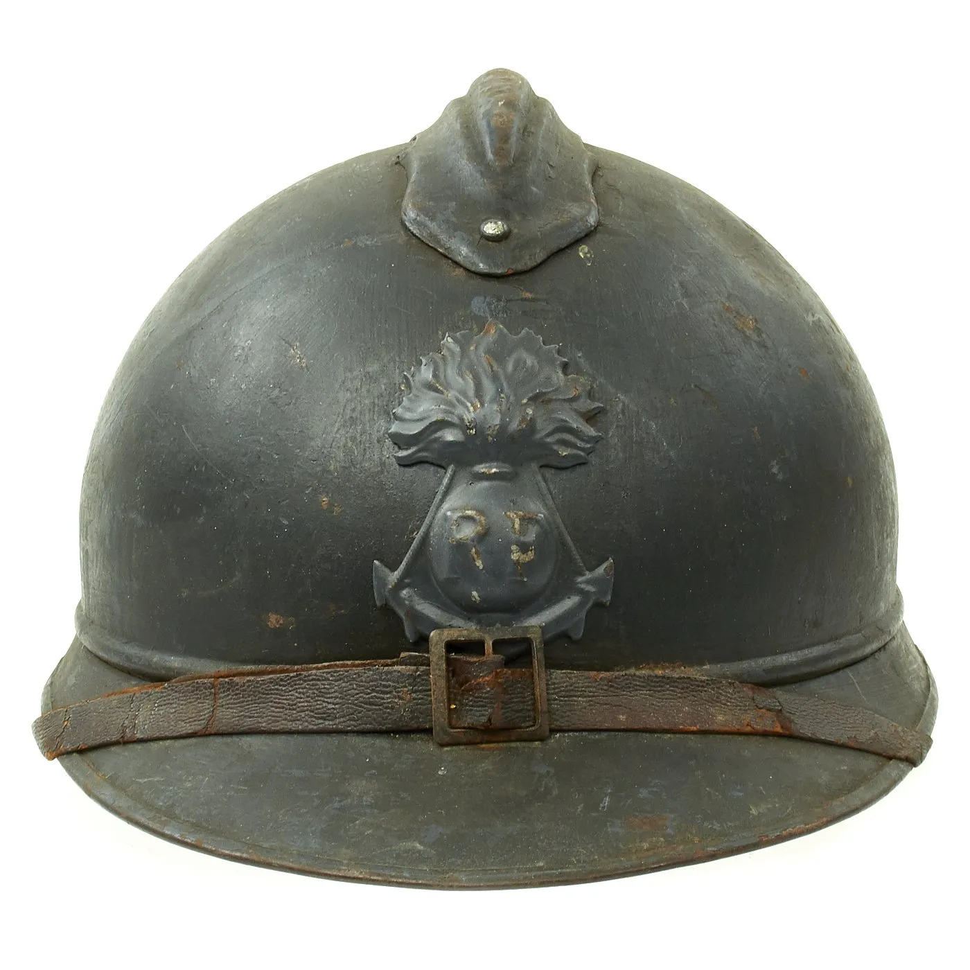 Original French WWI Model 1915 Adrian Helmet in Horizon Blue with Bullet or Shrapnel Hole