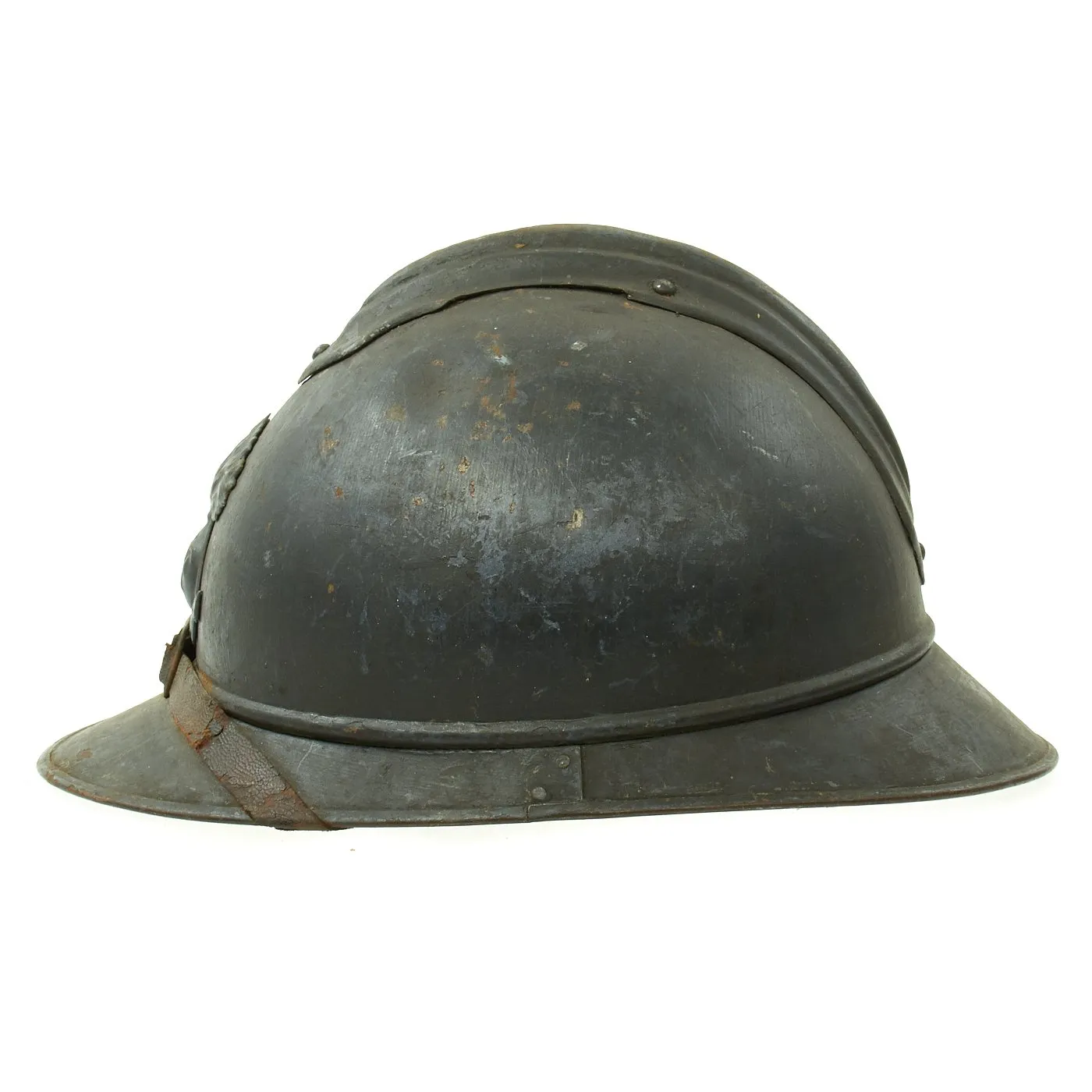 Original French WWI Model 1915 Adrian Helmet in Horizon Blue with Bullet or Shrapnel Hole