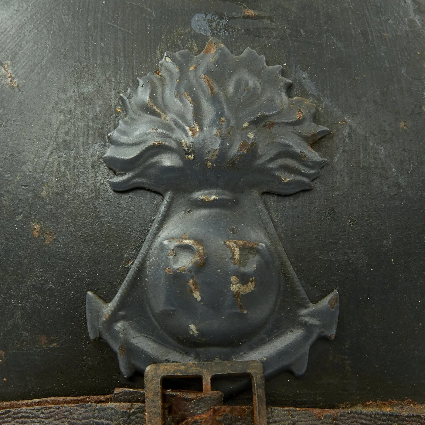 Original French WWI Model 1915 Adrian Helmet in Horizon Blue with Bullet or Shrapnel Hole