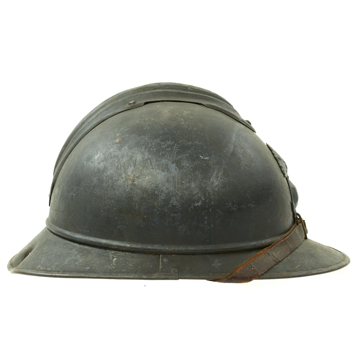 Original French WWI Model 1915 Adrian Helmet in Horizon Blue with Bullet or Shrapnel Hole