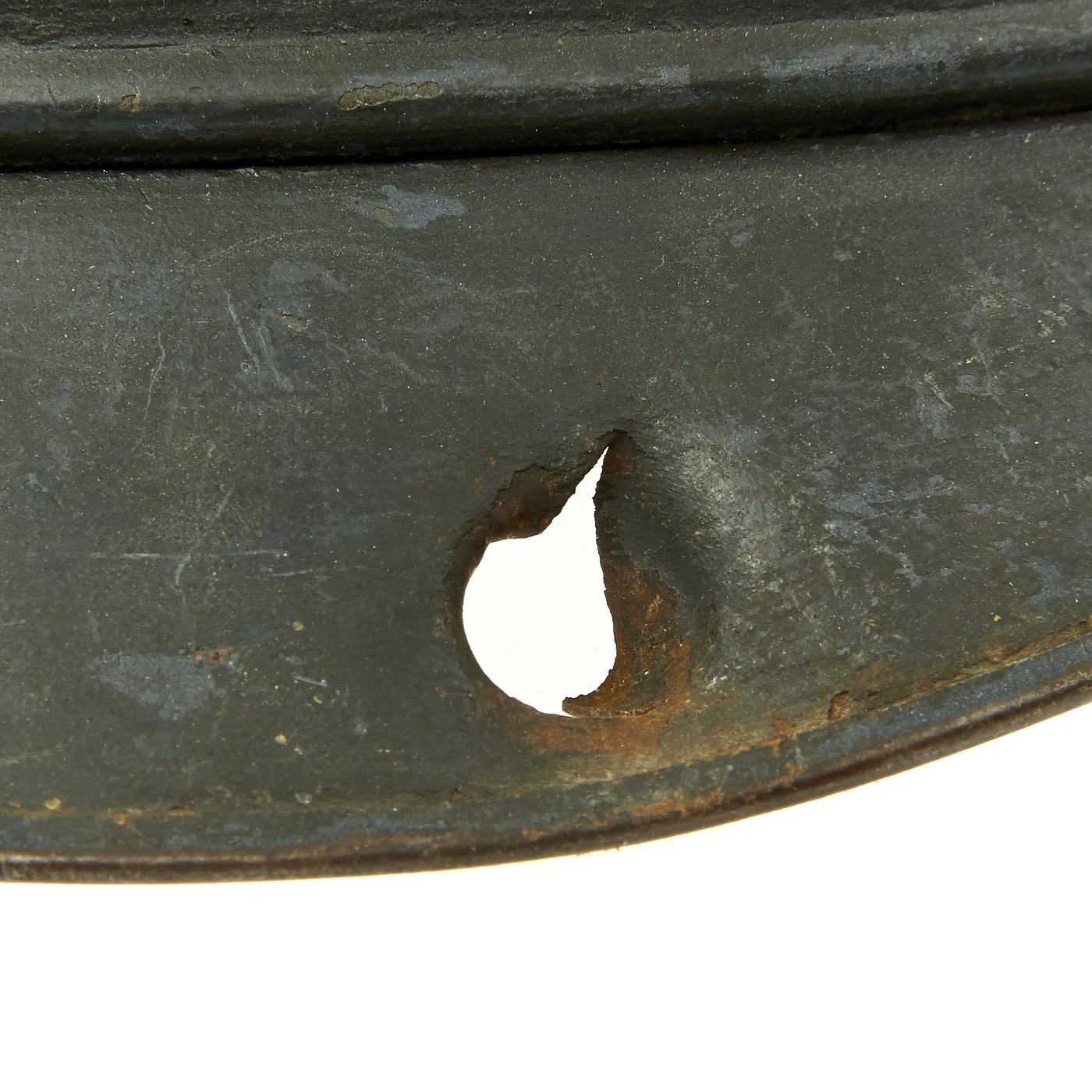 Original French WWI Model 1915 Adrian Helmet in Horizon Blue with Bullet or Shrapnel Hole