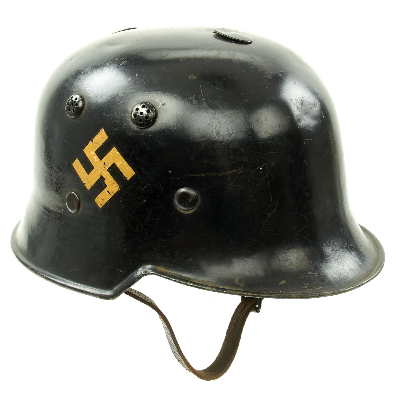 Original German Pre-WWII M34 Square Dip Early First Pattern Fire Police Helmet with Double Decals