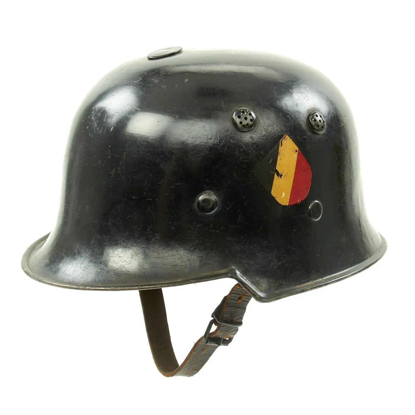 Original German Pre-WWII M34 Square Dip Early First Pattern Fire Police Helmet with Double Decals