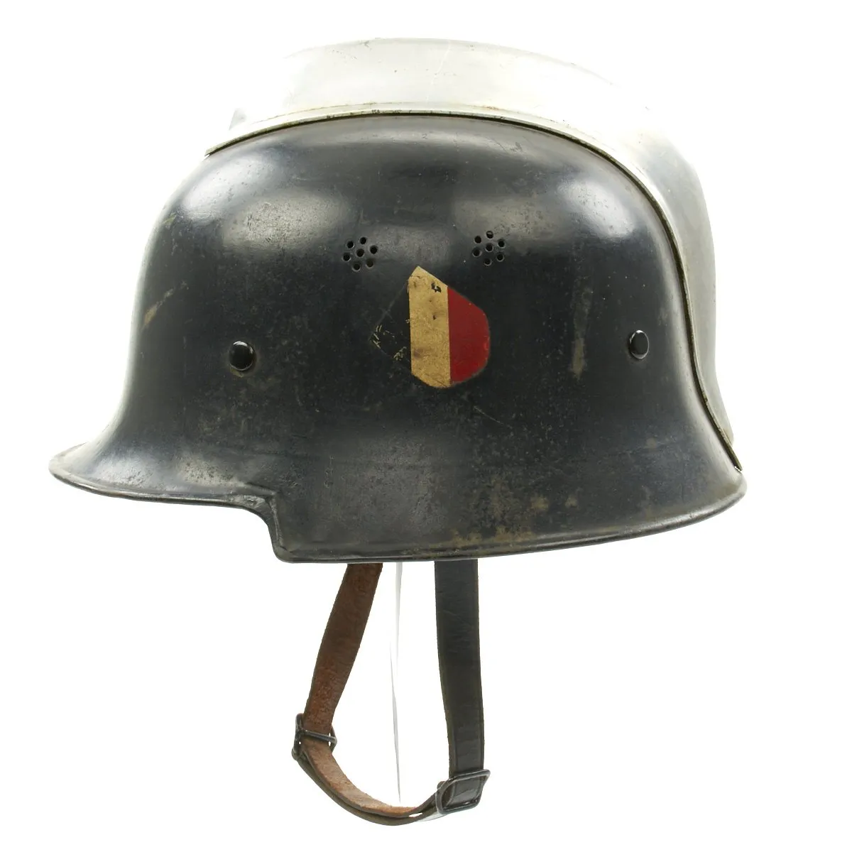 Original German Pre-WWII M34 Square Dip Early Style Fire Police Helmet with Double Decals - Size 57 1/2