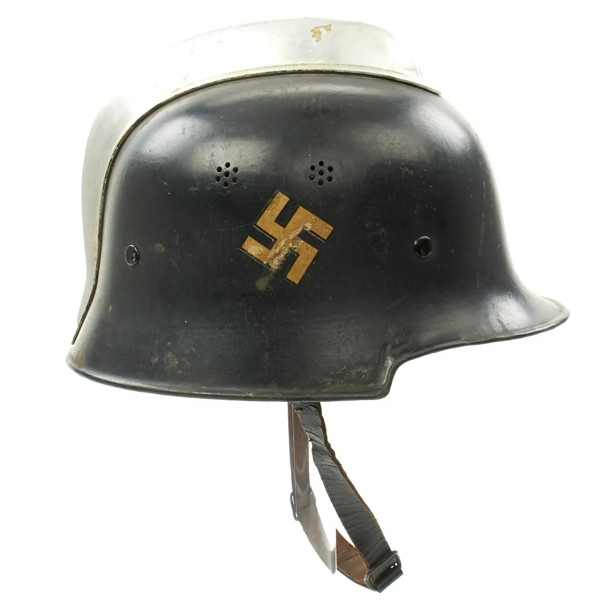 Original German Pre-WWII M34 Square Dip Early Style Fire Police Helmet with Double Decals - Size 57 1/2
