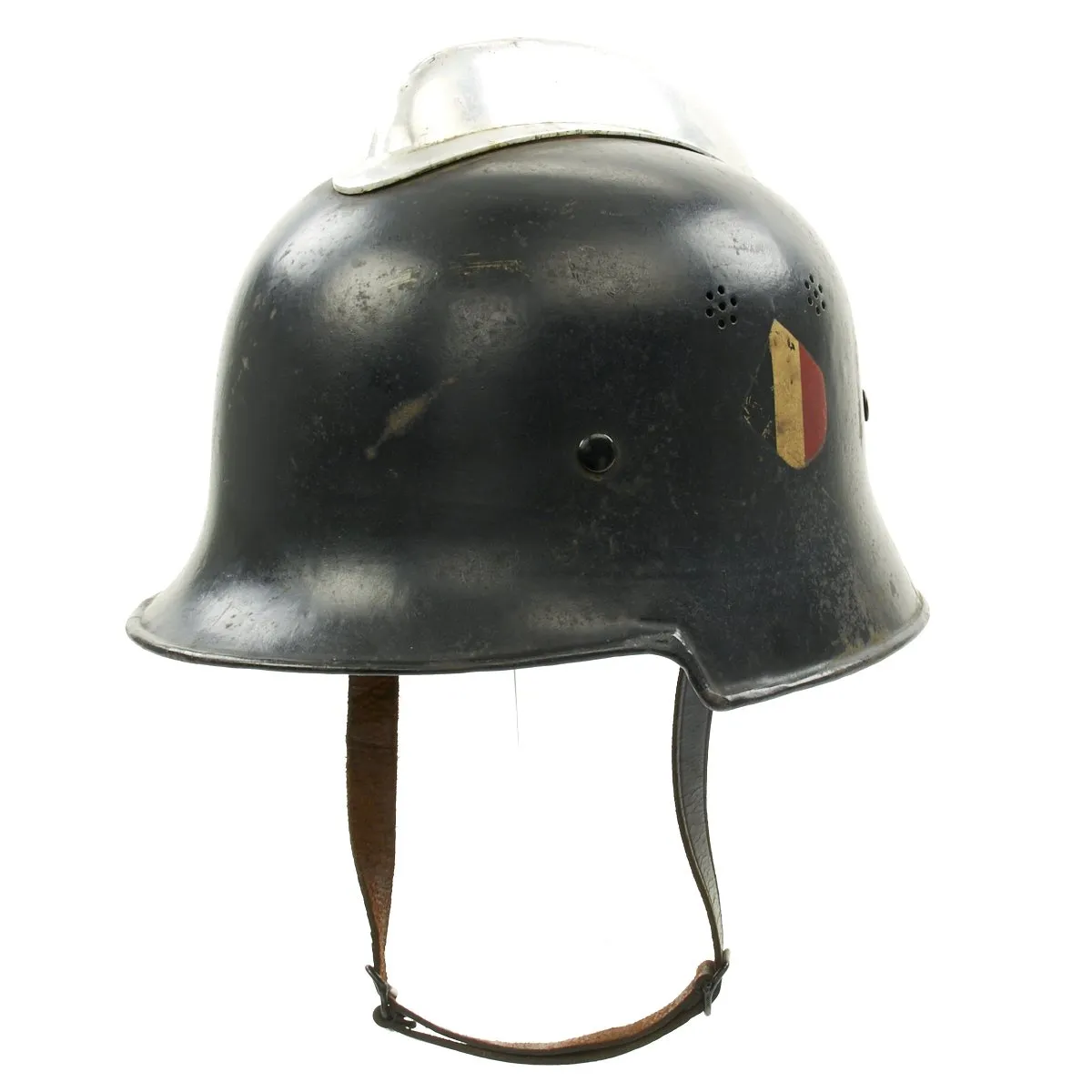 Original German Pre-WWII M34 Square Dip Early Style Fire Police Helmet with Double Decals - Size 57 1/2