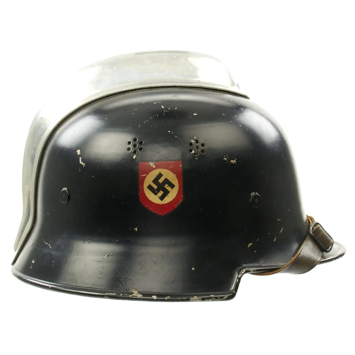 Original German WWII M34 Square Dip Aluminum Fire Police Helmet with Double Decals - Feuerwehr Helmet