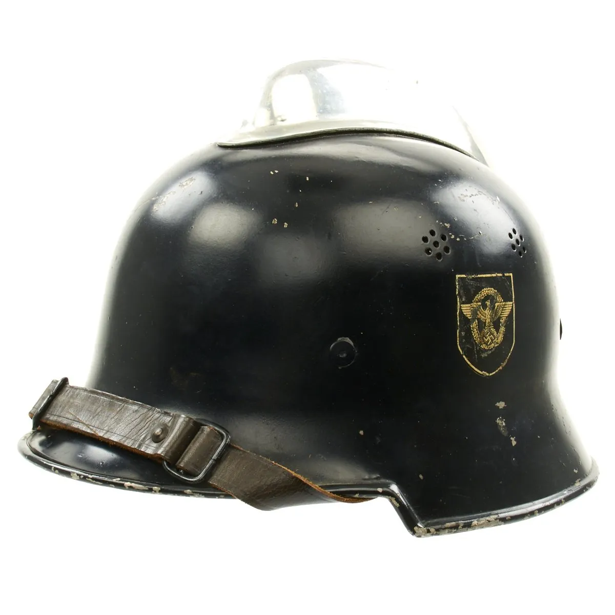 Original German WWII M34 Square Dip Aluminum Fire Police Helmet with Double Decals - Feuerwehr Helmet