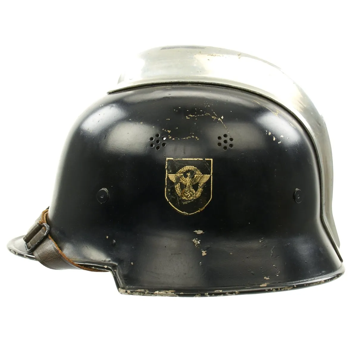 Original German WWII M34 Square Dip Aluminum Fire Police Helmet with Double Decals - Feuerwehr Helmet