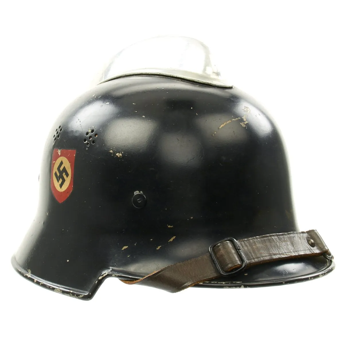 Original German WWII M34 Square Dip Aluminum Fire Police Helmet with Double Decals - Feuerwehr Helmet