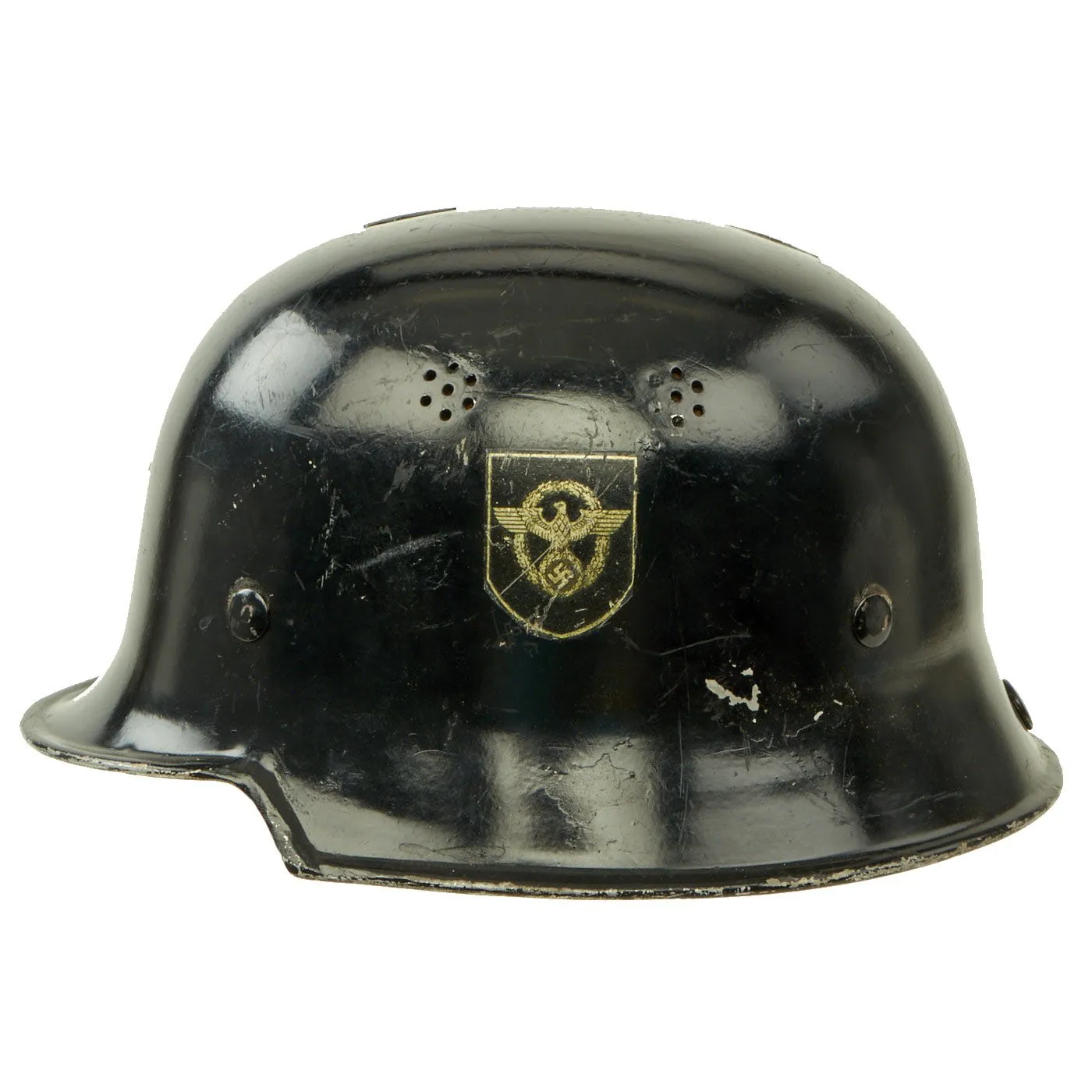 Original German WWII M34 Square Dip Aluminum Fire Police Protection Helmet with Double Decals - Feuerwehr