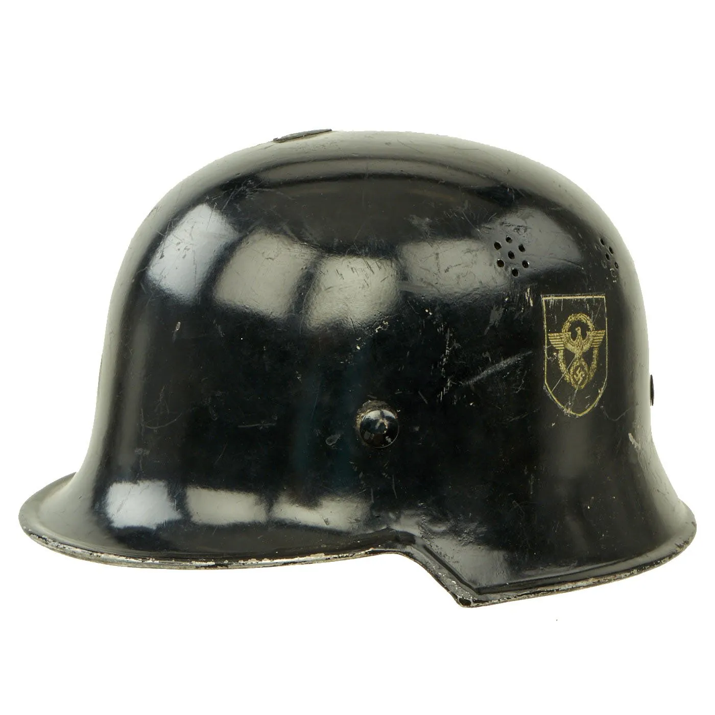 Original German WWII M34 Square Dip Aluminum Fire Police Protection Helmet with Double Decals - Feuerwehr