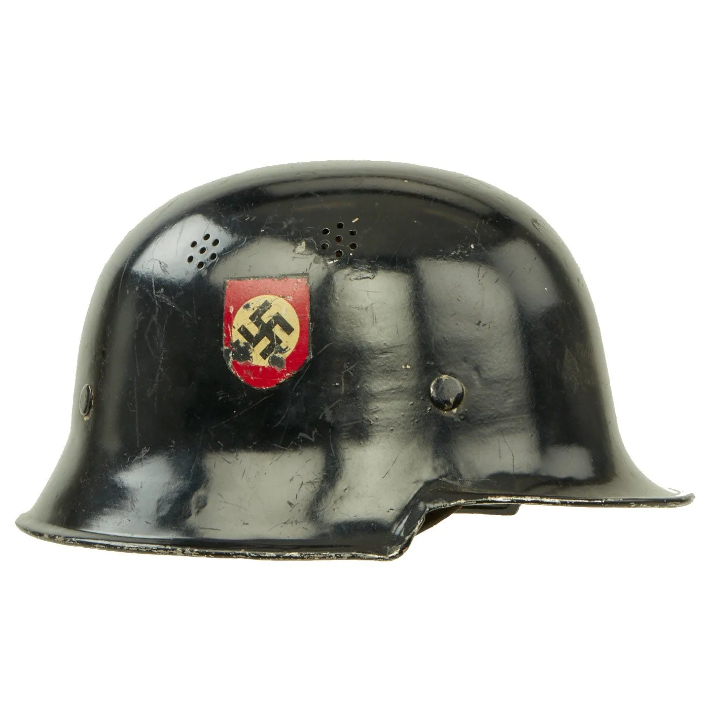 Original German WWII M34 Square Dip Aluminum Fire Police Protection Helmet with Double Decals - Feuerwehr