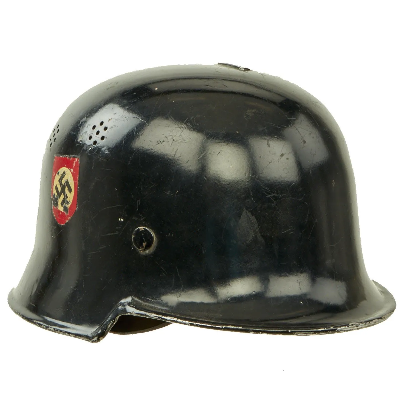 Original German WWII M34 Square Dip Aluminum Fire Police Protection Helmet with Double Decals - Feuerwehr