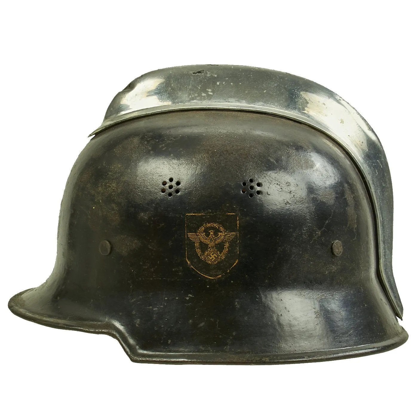 Original German WWII M34 Square Dip Fire Protection Police Helmet with Double Decals - Feuerwehr