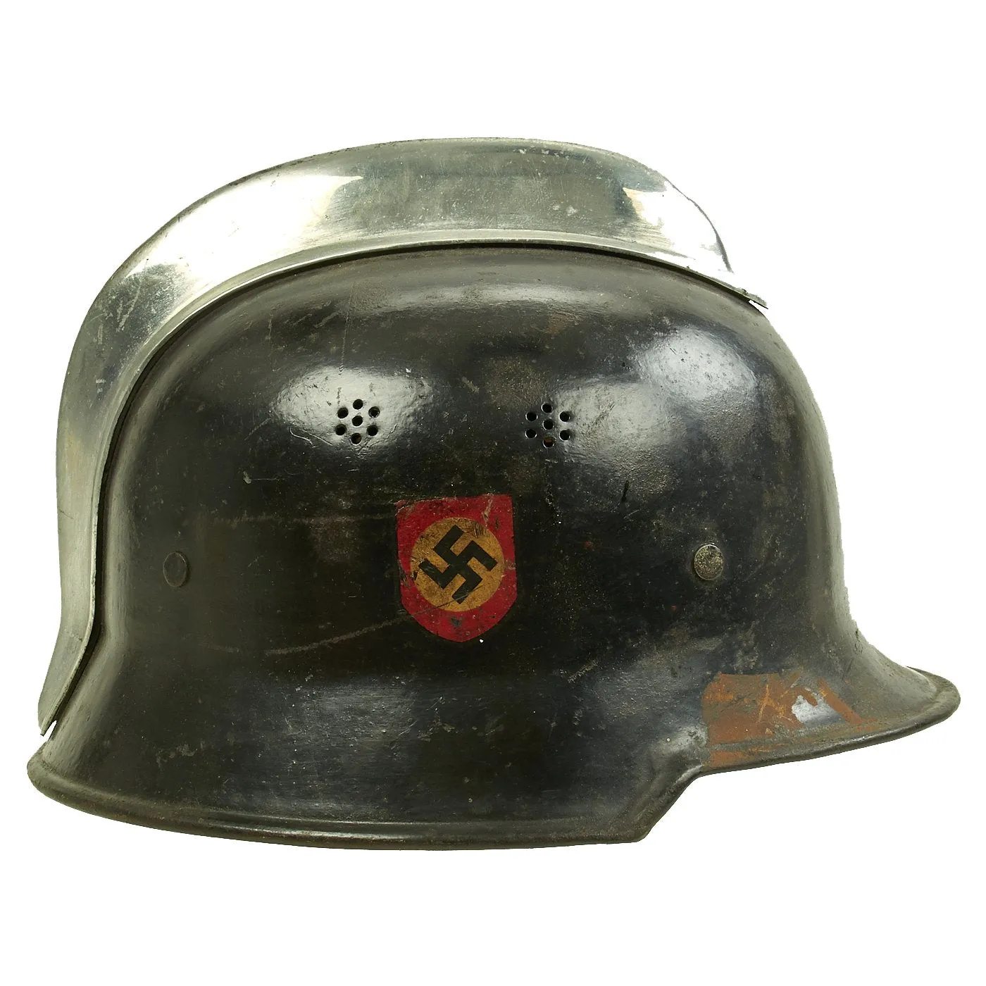 Original German WWII M34 Square Dip Fire Protection Police Helmet with Double Decals - Feuerwehr