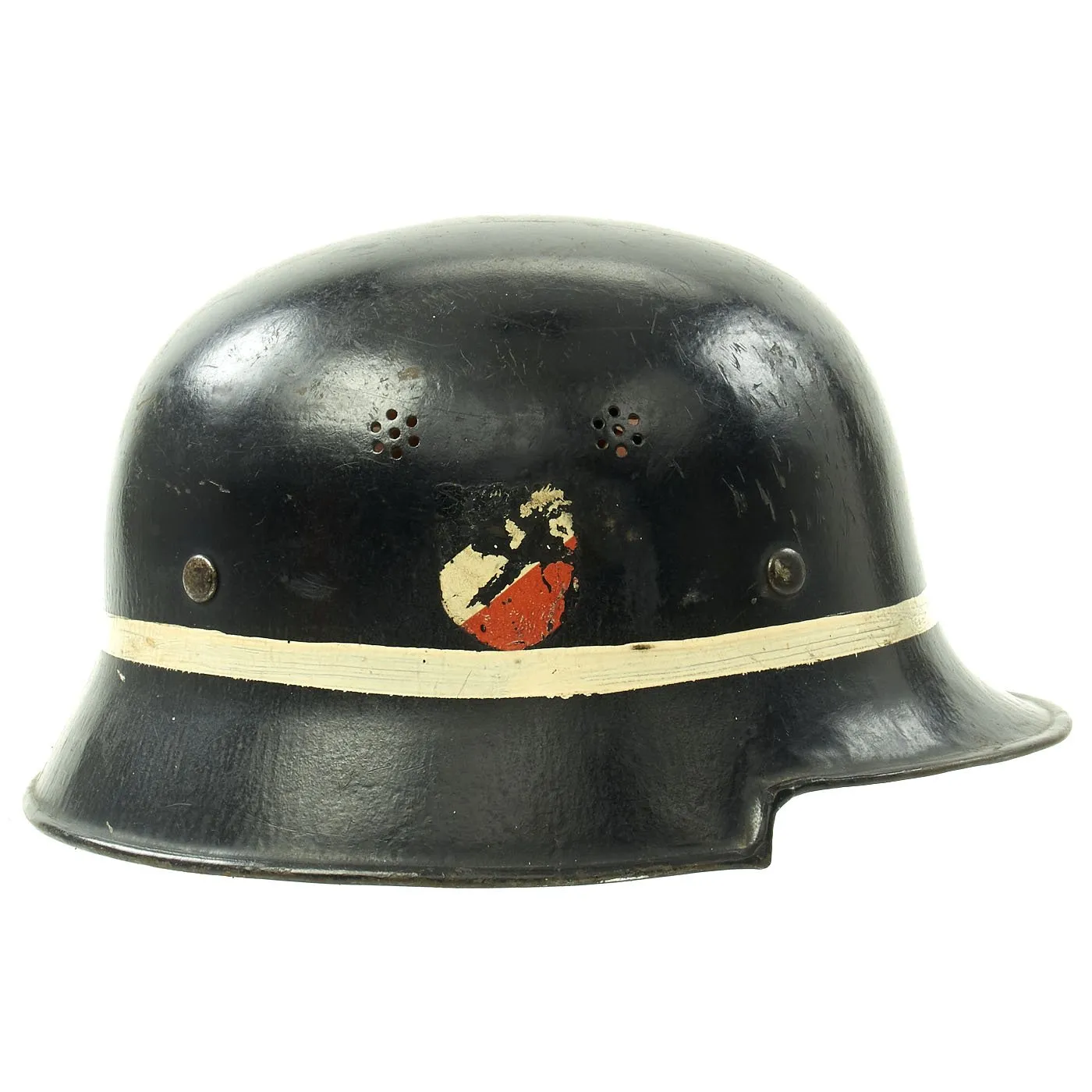 Original German WWII M34 Square Dip Luftwaffe Fire Brigade Crash Crew Helmet with Double Decals