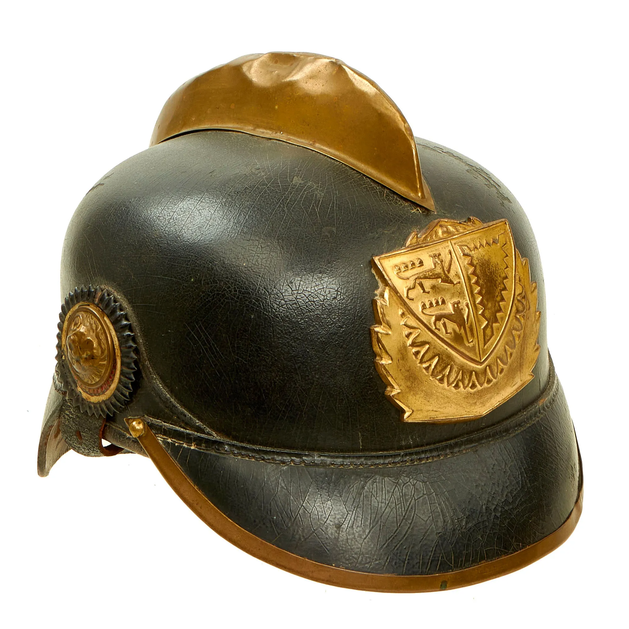 Original Imperial German Pre WWI Schleswig-Holstein Fire Brigade Pickelhaube Style Leather Helmet