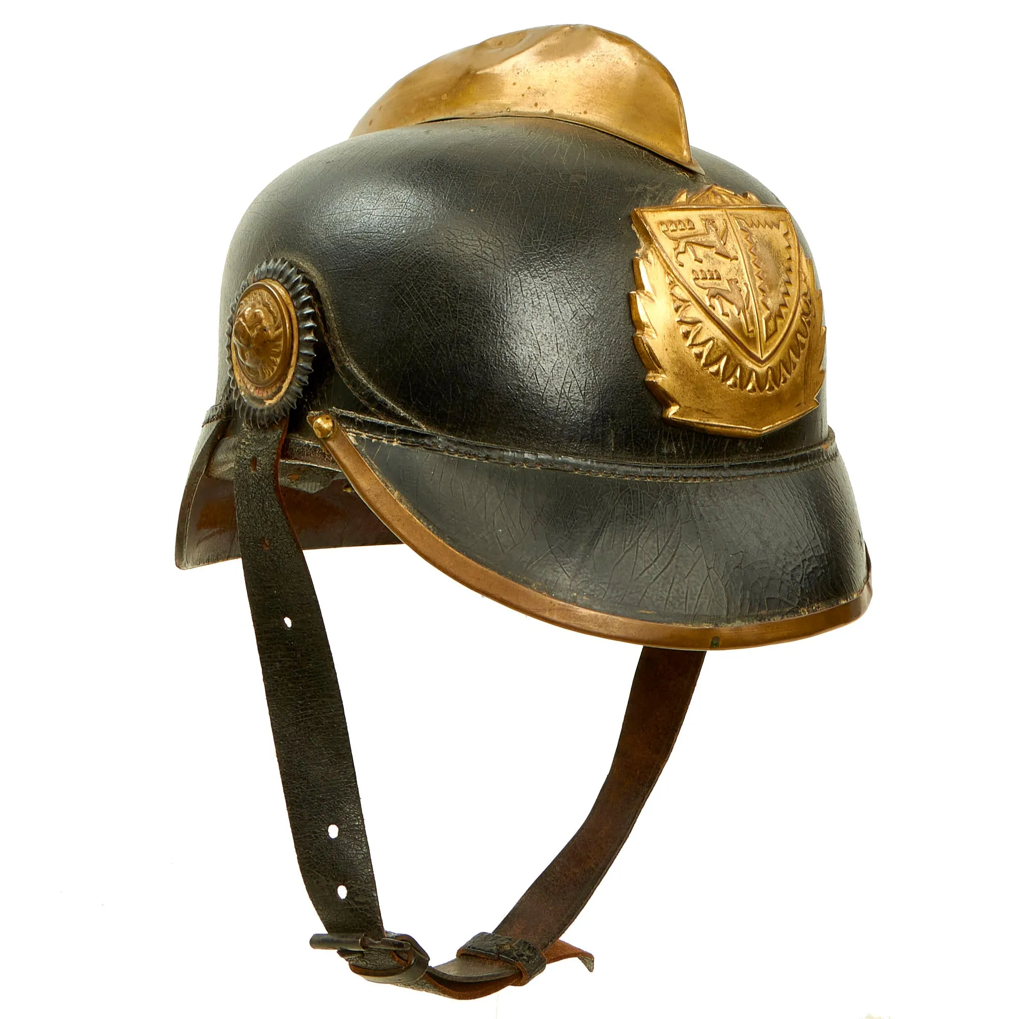 Original Imperial German Pre WWI Schleswig-Holstein Fire Brigade Pickelhaube Style Leather Helmet