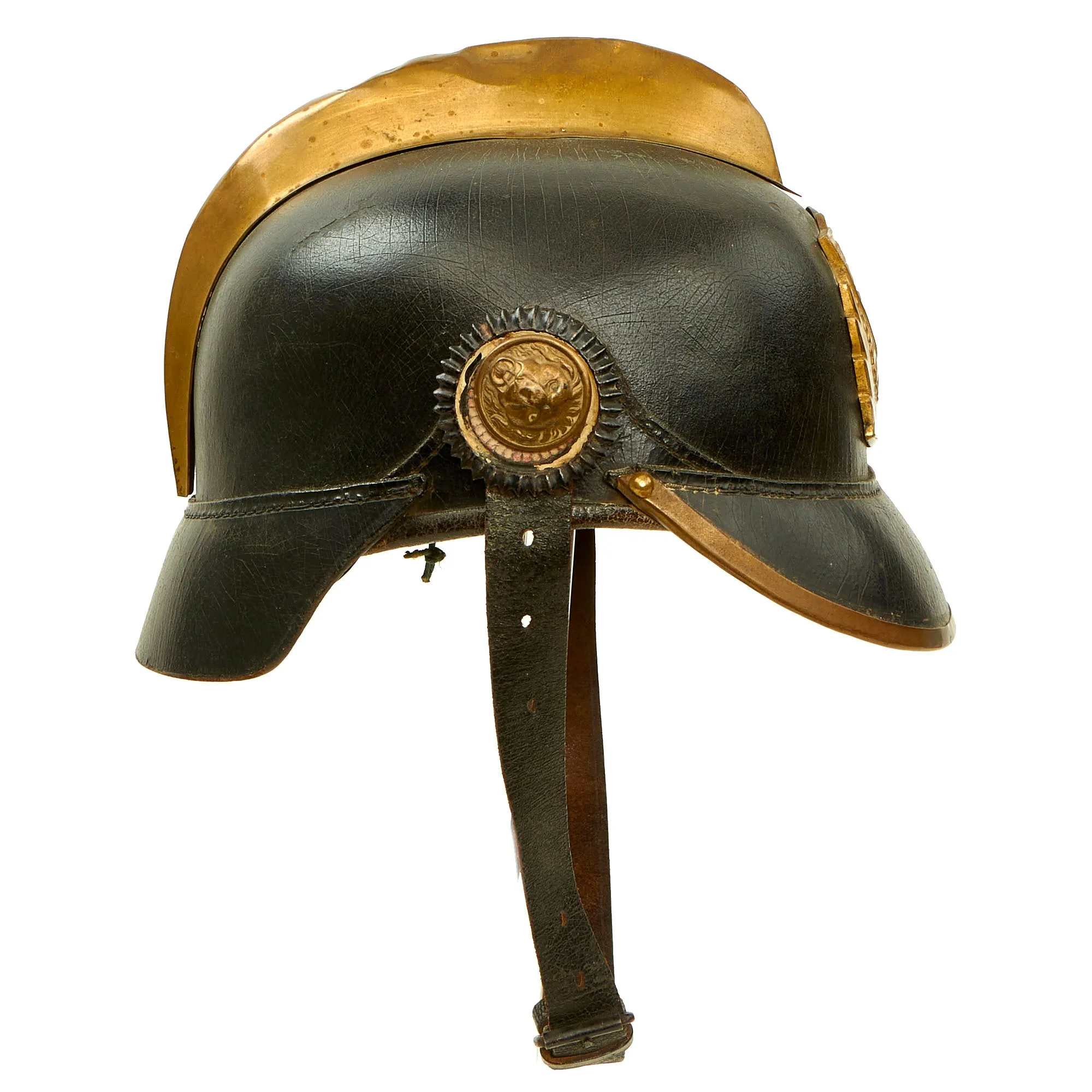 Original Imperial German Pre WWI Schleswig-Holstein Fire Brigade Pickelhaube Style Leather Helmet