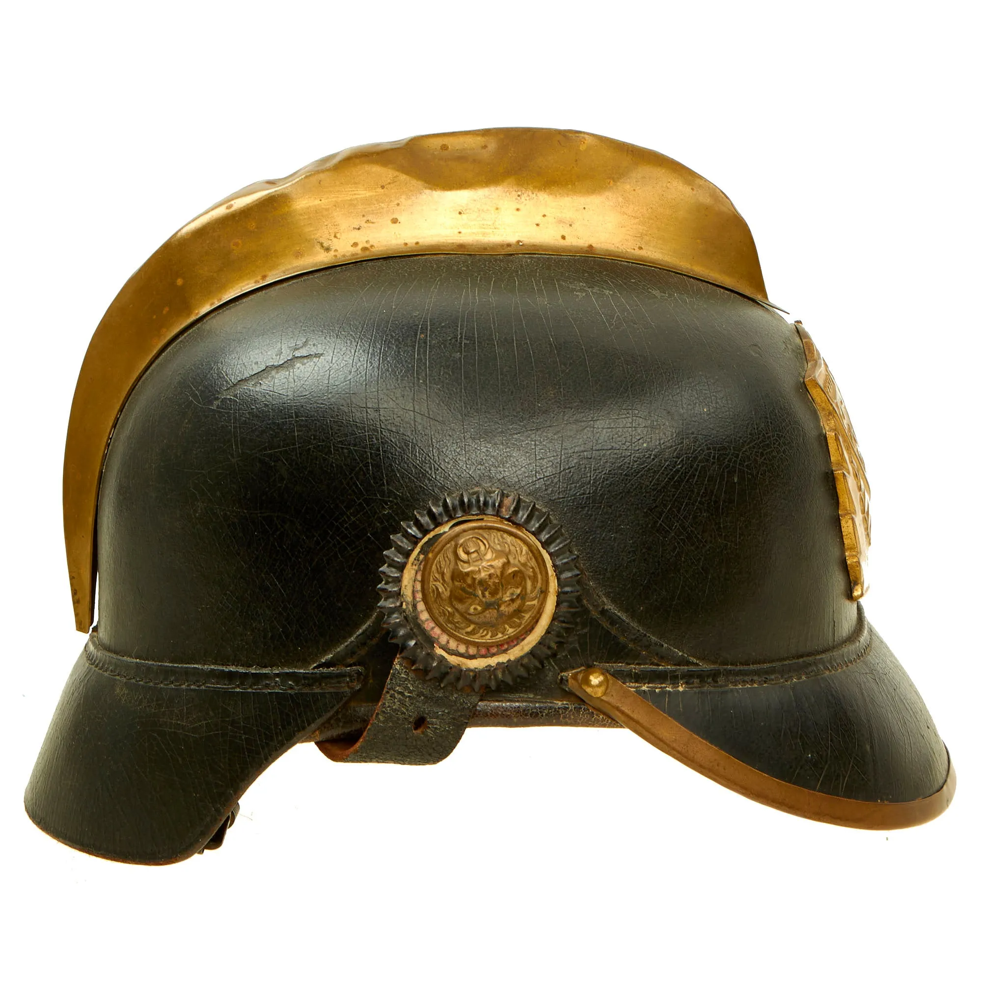 Original Imperial German Pre WWI Schleswig-Holstein Fire Brigade Pickelhaube Style Leather Helmet