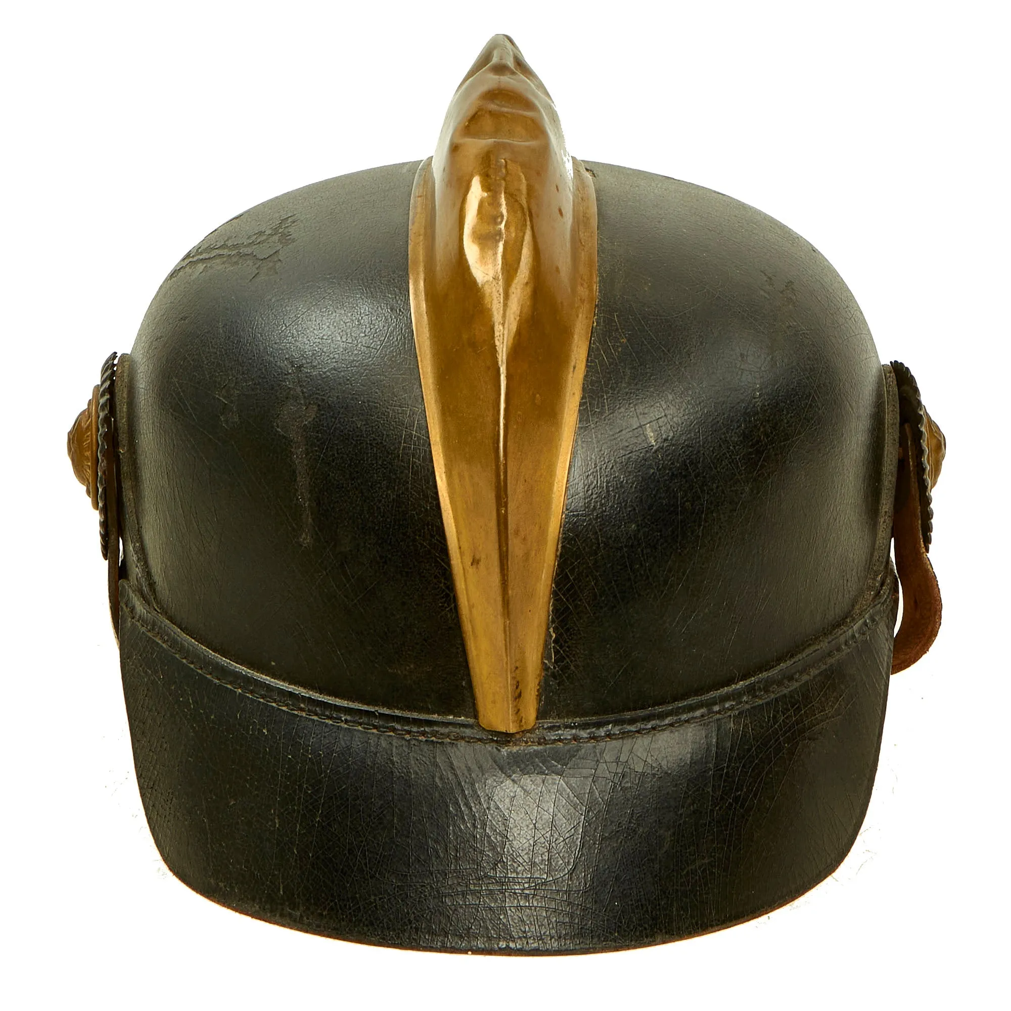 Original Imperial German Pre WWI Schleswig-Holstein Fire Brigade Pickelhaube Style Leather Helmet