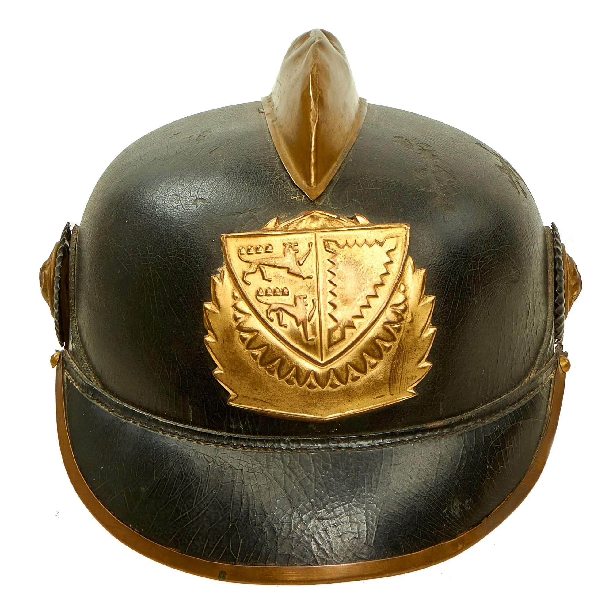 Original Imperial German Pre WWI Schleswig-Holstein Fire Brigade Pickelhaube Style Leather Helmet