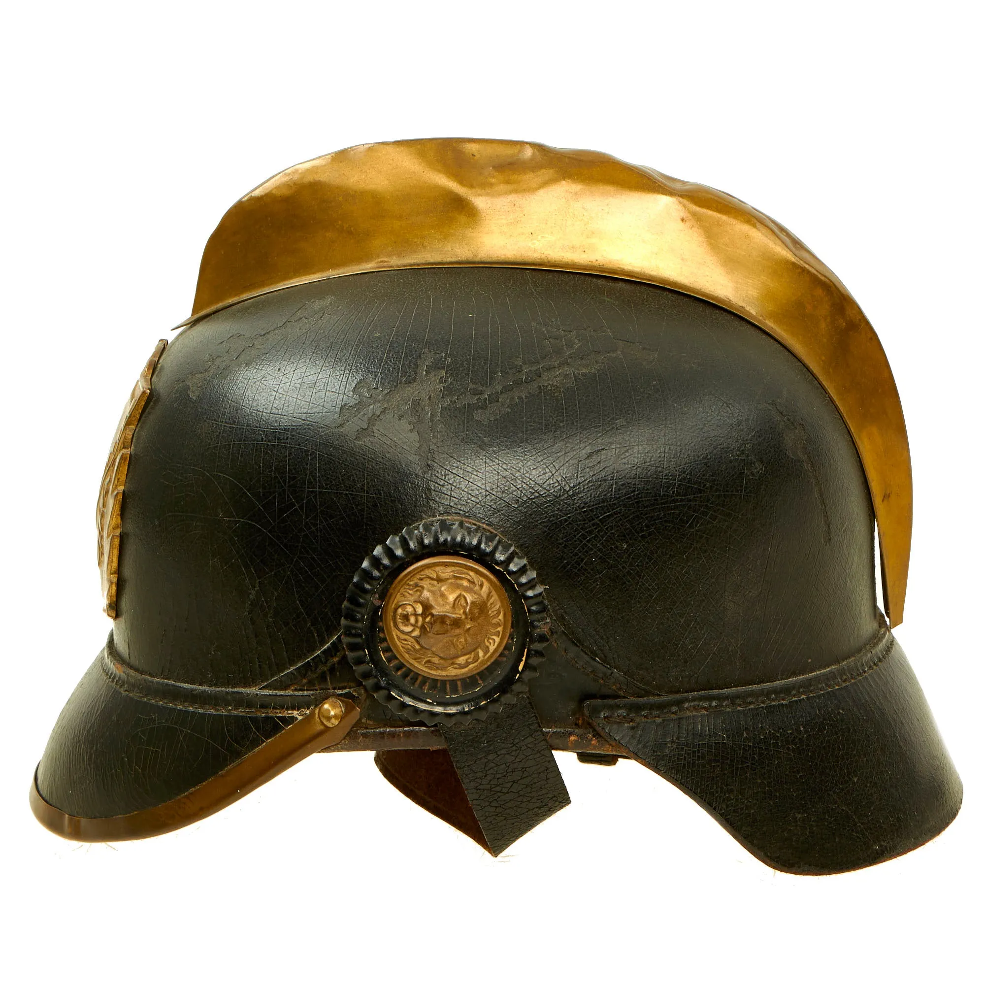 Original Imperial German Pre WWI Schleswig-Holstein Fire Brigade Pickelhaube Style Leather Helmet