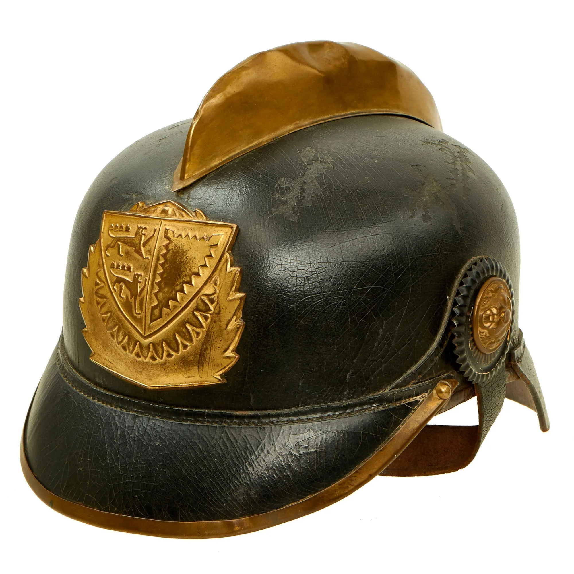Original Imperial German Pre WWI Schleswig-Holstein Fire Brigade Pickelhaube Style Leather Helmet