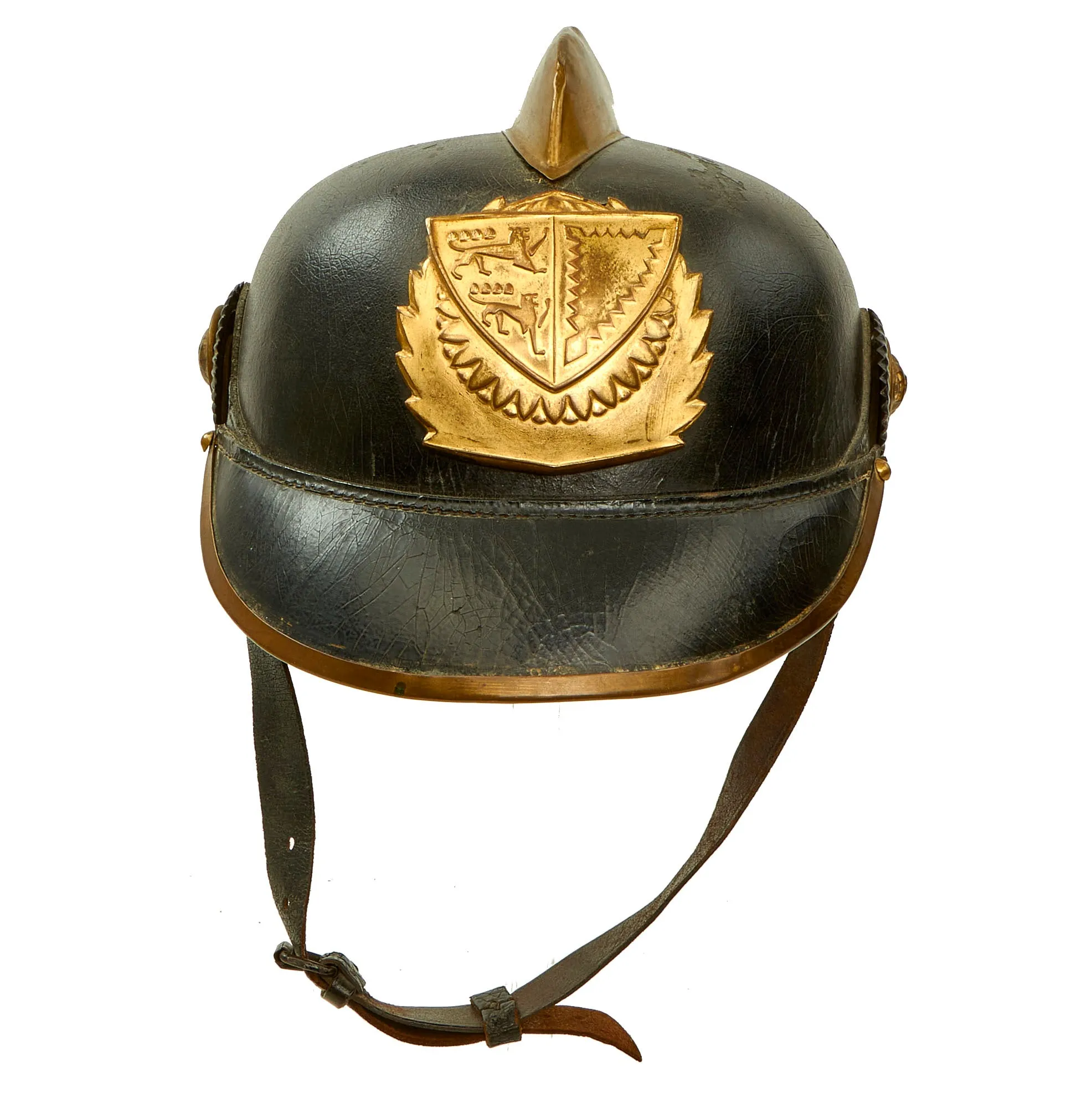 Original Imperial German Pre WWI Schleswig-Holstein Fire Brigade Pickelhaube Style Leather Helmet