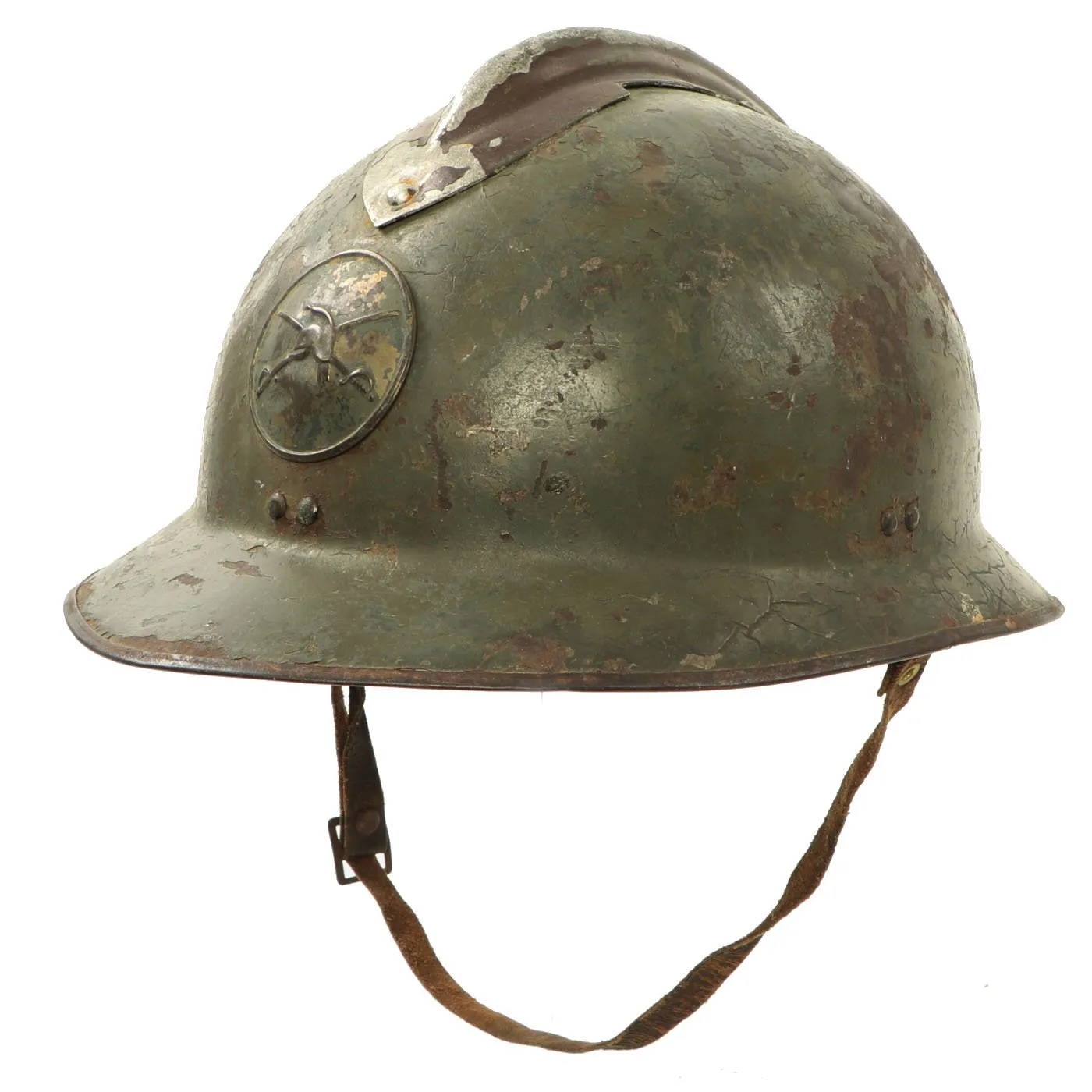 Original Mexican WWII French made M26 Adrian Helmet with Cavalry Badge - Missing Liner