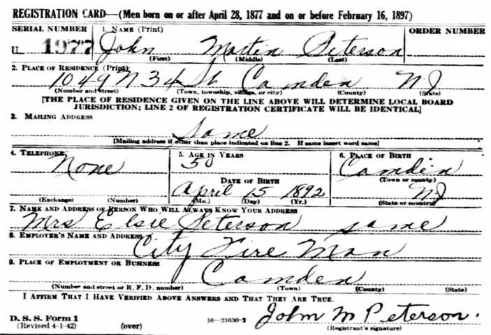 Original U.S. Post WWI Era Camden Fire Department “Hard Boiled Hat” Firefighter Boiled Leather Helmet For WWI Veteran John Peterson, Hoseman, Engine Company 11 - With Uniform Devices
