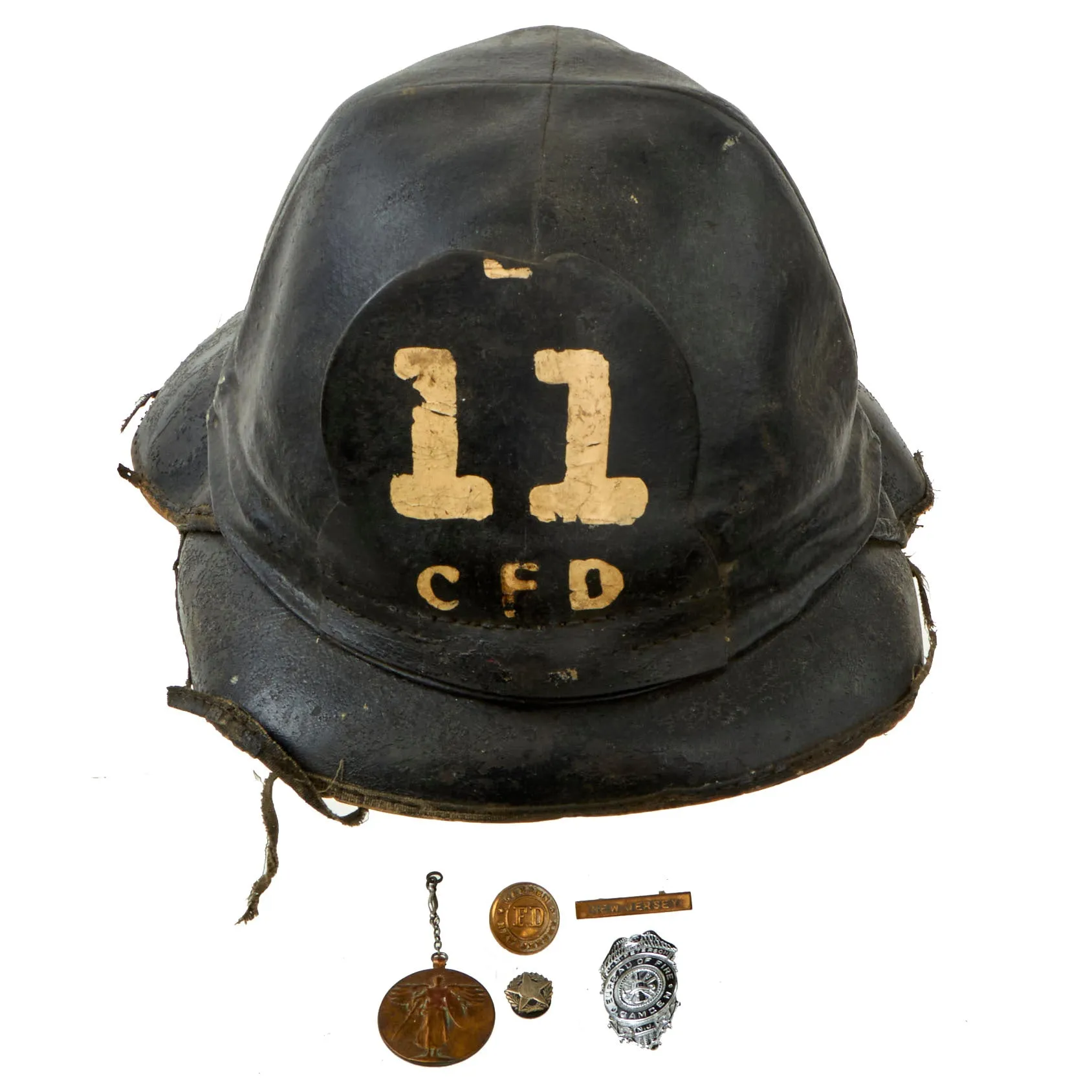Original U.S. Post WWI Era Camden Fire Department “Hard Boiled Hat” Firefighter Boiled Leather Helmet For WWI Veteran John Peterson, Hoseman, Engine Company 11 - With Uniform Devices