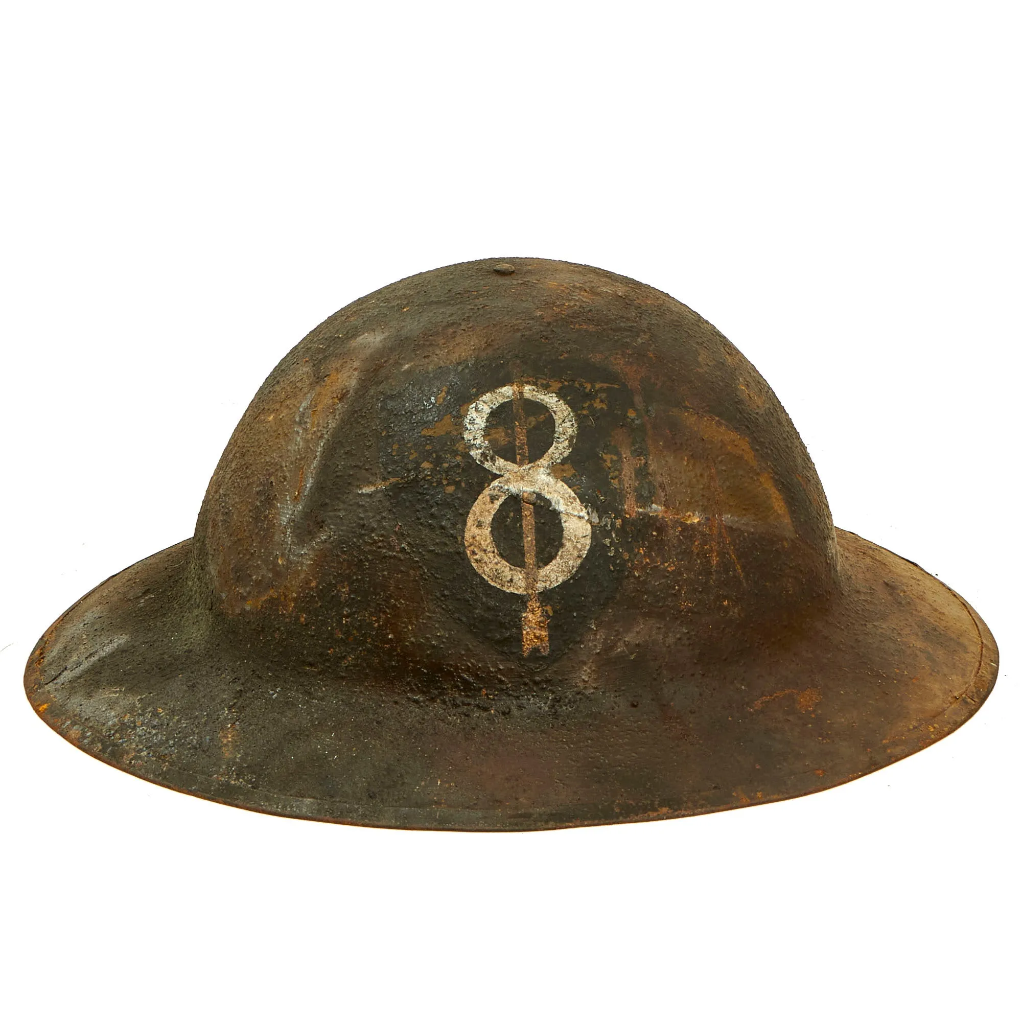Original U.S. WWI Collection of Unit Marked M1917 Doughboy Fire Marred Helmets Featuring Indian Head Painted Named 17th Field Artillery Regiment Shell - 4 Helmets
