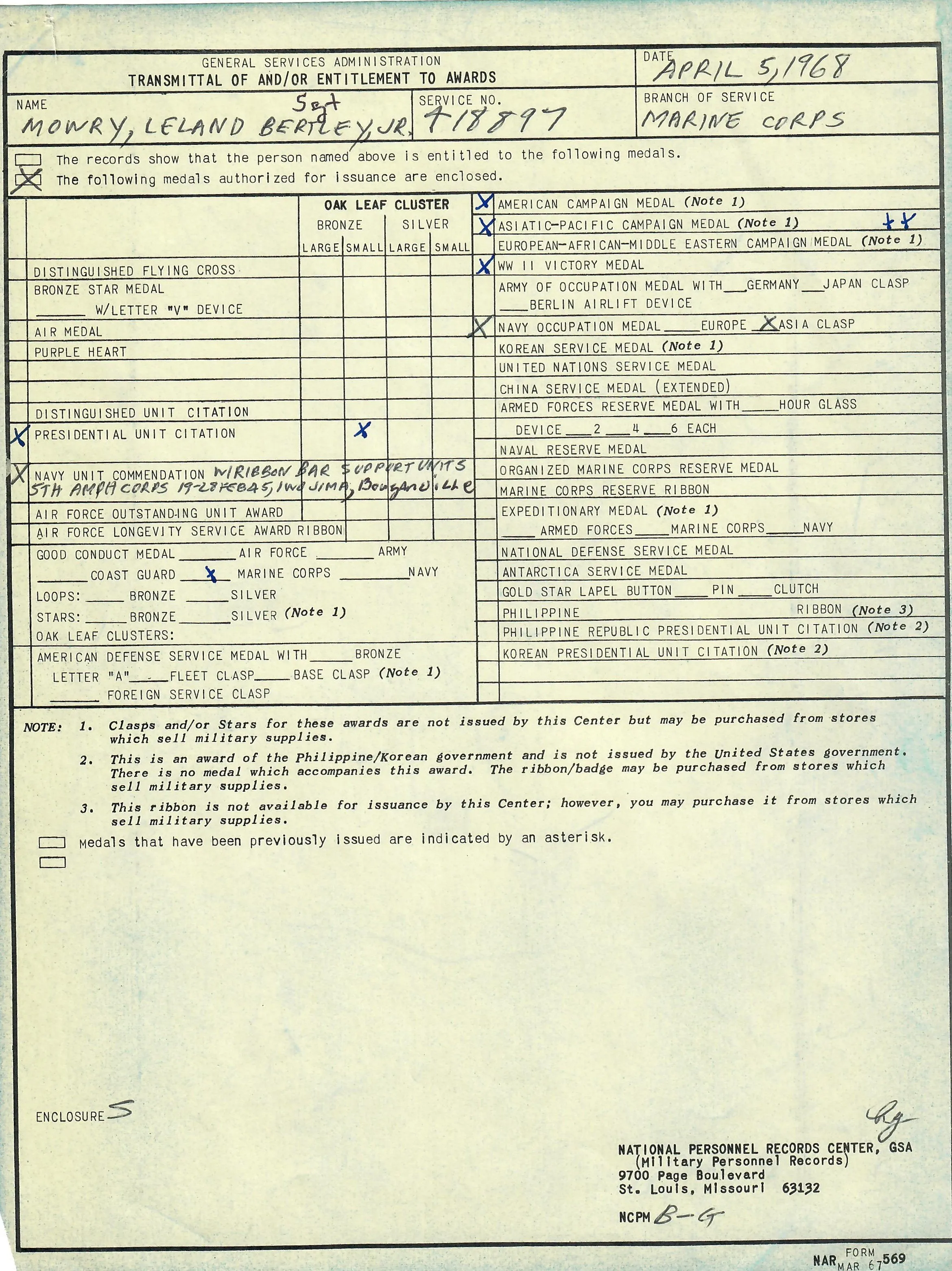 Original U.S. WWII USMC Battle of Iwo Jima Named 5th Marine Division Grouping - Sergeant Leland Mowry Jr