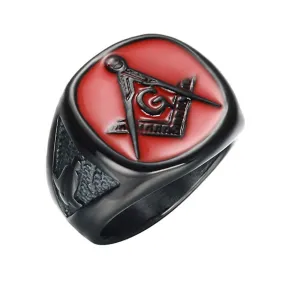 Red & Black Freemason Ring Masonic Ring Square & Compass Red Enamel Ring Stainless Steel