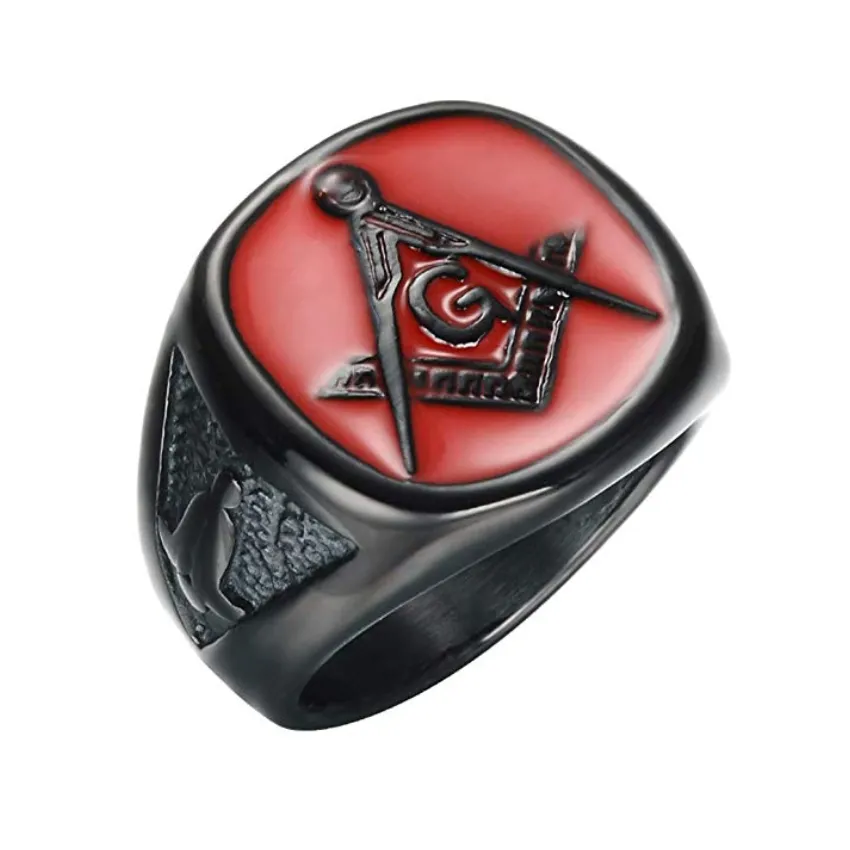 Red & Black Freemason Ring Masonic Ring Square & Compass Red Enamel Ring Stainless Steel