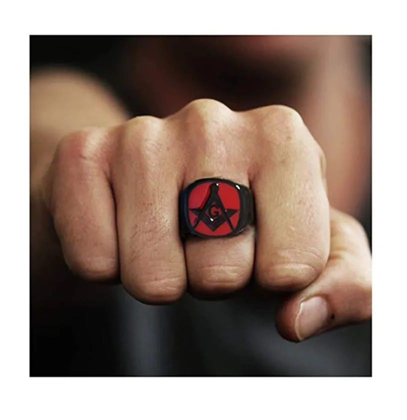 Red & Black Freemason Ring Masonic Ring Square & Compass Red Enamel Ring Stainless Steel