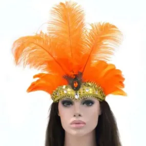 Rio Carnival Samba Sequin Ostrich Feather Showgirl Costume Headdress - Orange