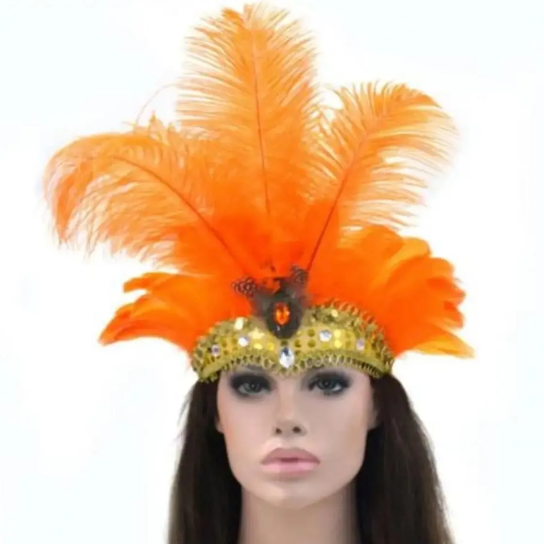 Rio Carnival Samba Sequin Ostrich Feather Showgirl Costume Headdress - Orange