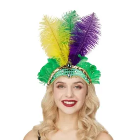 Rio Carnival Samba Sequin Ostrich Feather Showgirl Costume Headdress - Purple/Green/Yellow